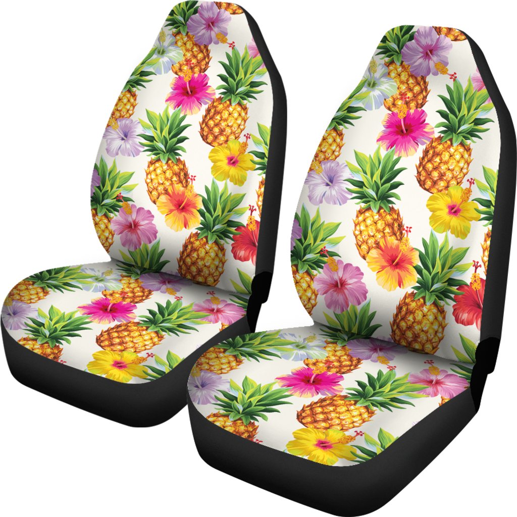 Cool Pineapple And Hibiscus Car Seat Covers Universal Fit White - Polynesian Pride