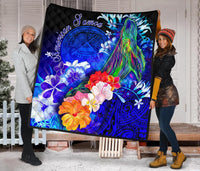 American Samoa Polynesian Premium Quilt - Humpback Whale with Tropical Flowers (Blue) - Polynesian Pride