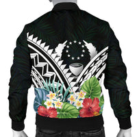Pohnpei Men's Bomber Jacket - Pohnpei Caledonia Coat of Arms & Polynesian Tropical Flowers White - Polynesian Pride