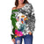 Niue Women's Off Shoulder Sweater White - Turtle Plumeria Banana Leaf - Polynesian Pride