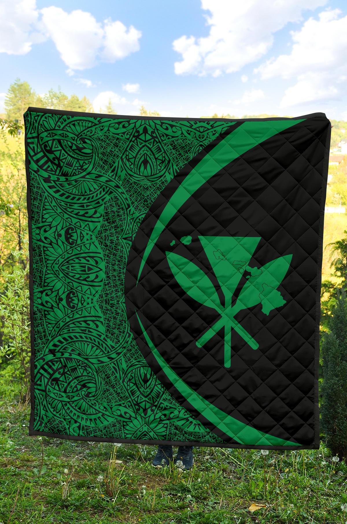 Hawaii Kanaka Polynesian Black And Green Premium Quilt - Circle Style Black And Green - Polynesian Pride