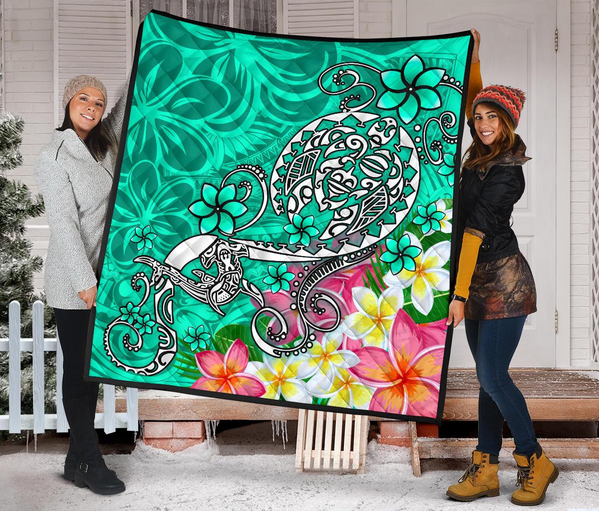 Polynesian Premium Quilt - Turtle Plumeria Turquoise Color - Polynesian Pride