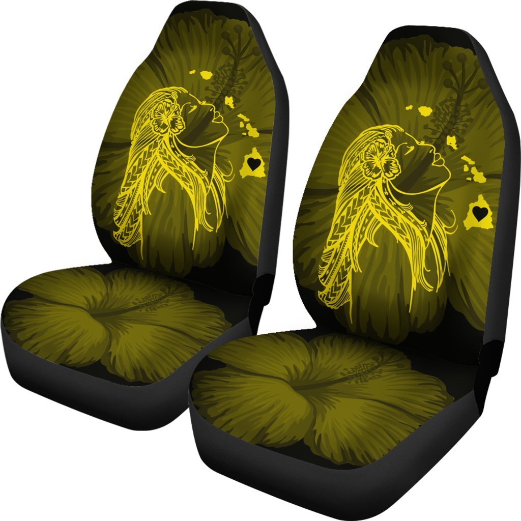 Hawaii Car Seat Covers - Hawaii Hula Girl Hibiscus Map Yellow Universal Fit Yellow - Polynesian Pride