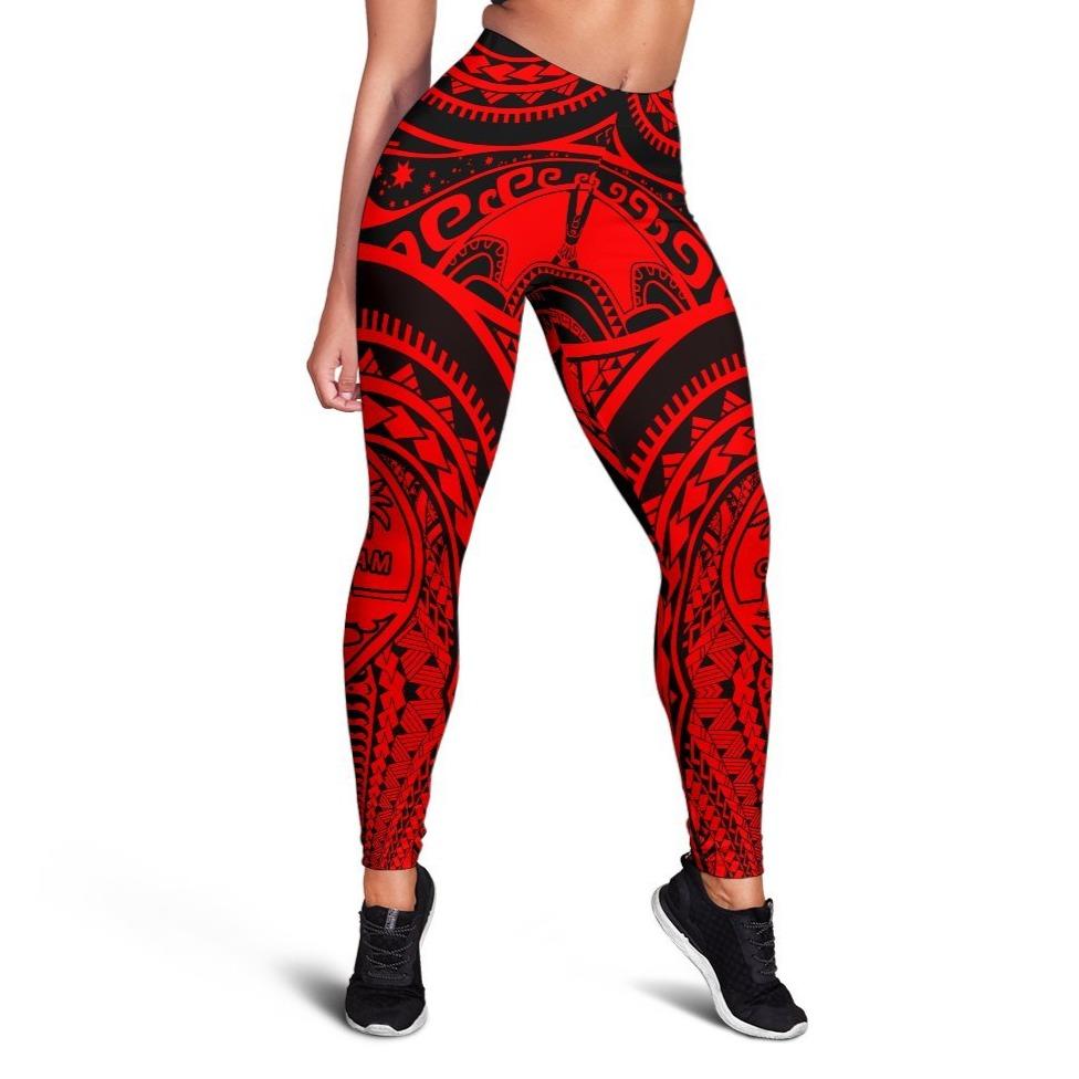 Polynesian Leggings - Guam Flag, Seal with Maui Moana Tattoo Red - Polynesian Pride