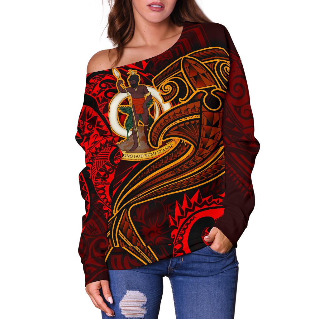 Vanuatu Polynesian Women's Off Shoulder Sweater - Red Shark Polynesian Tattoo - Polynesian Pride