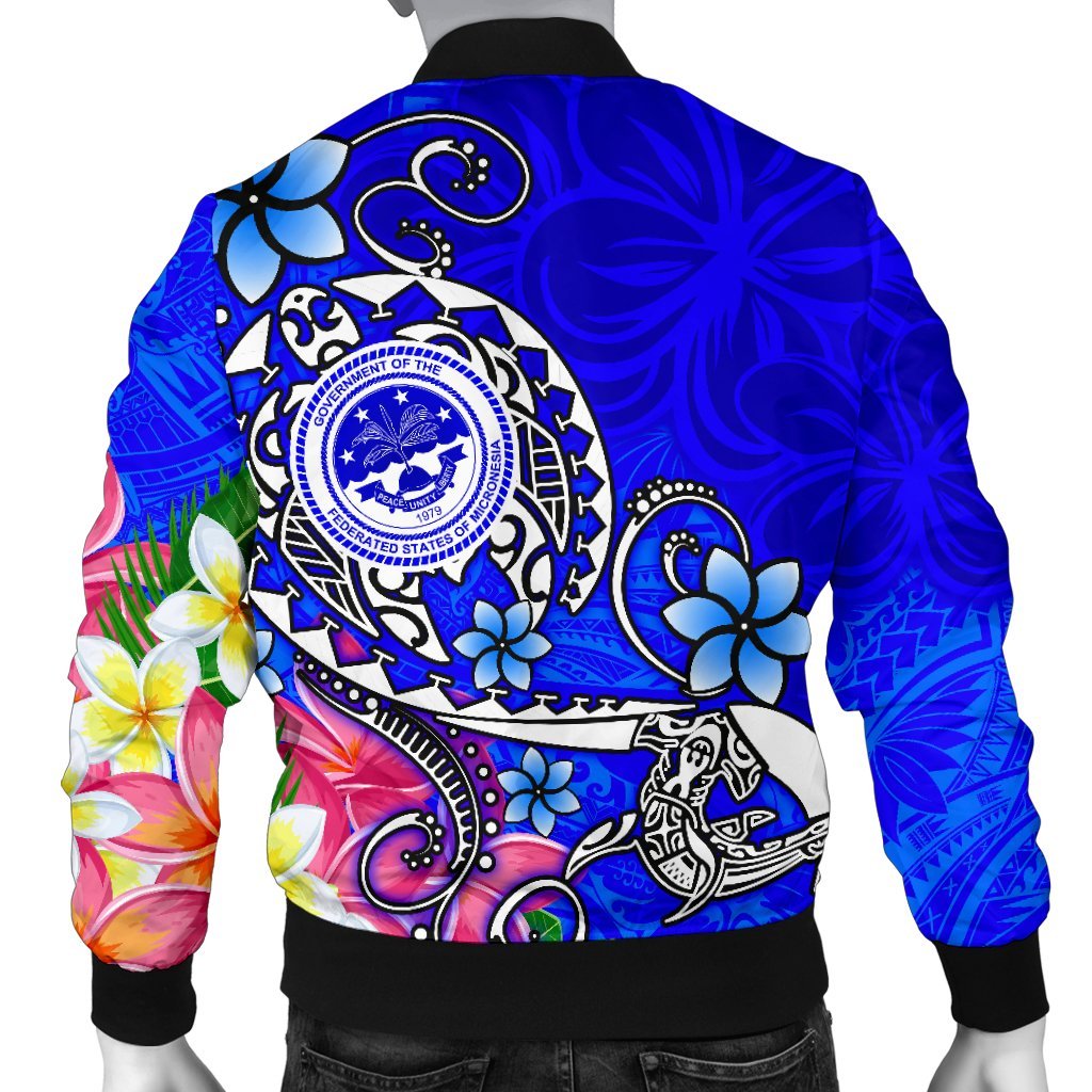 FSM Custom Personalised Men's Bomber Jacket - Turtle Plumeria (Blue) - Polynesian Pride