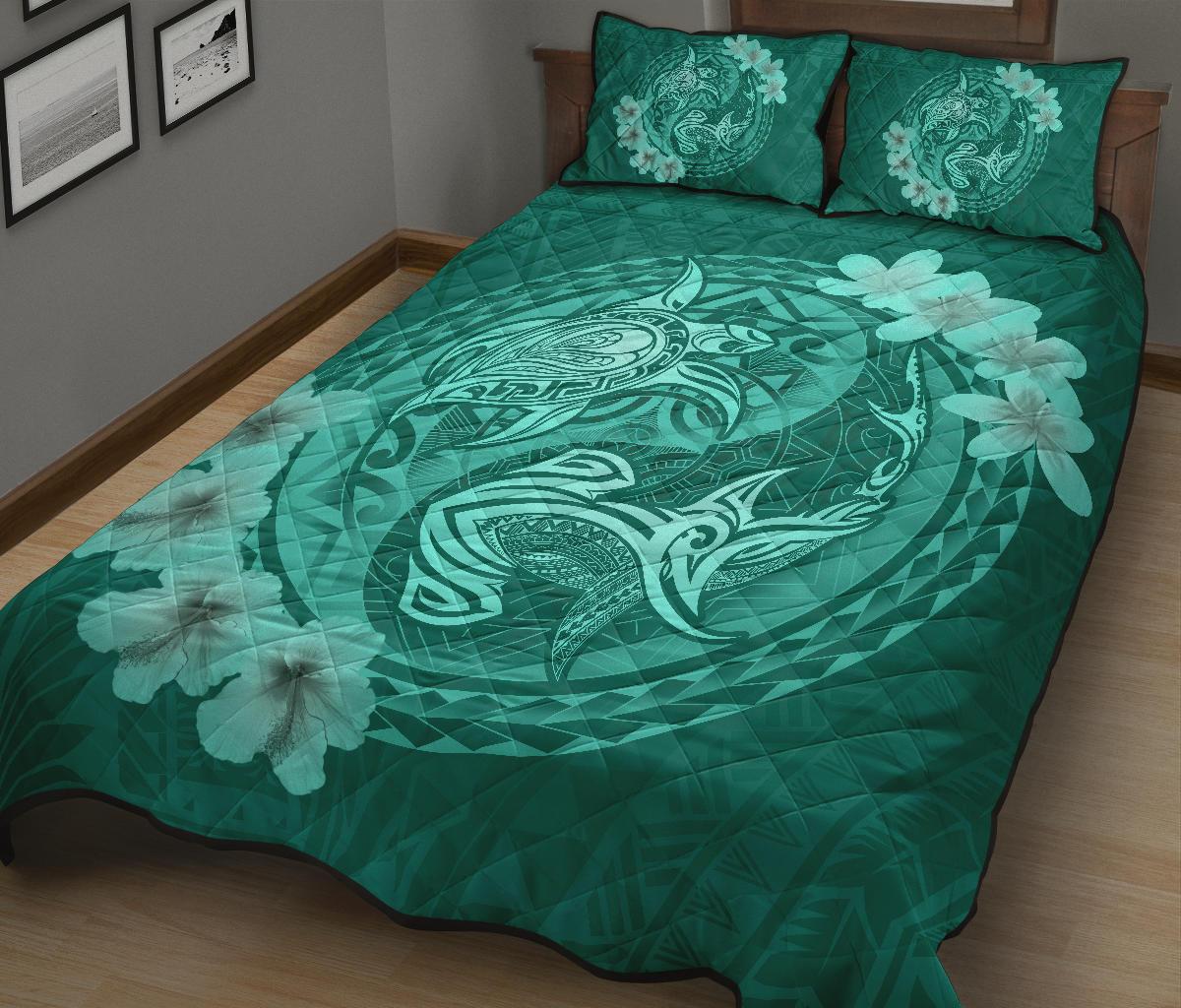 Hawaii Polynesian Turtle Tropical Hibiscus Plumeria Quilt Bet Set - Turquoise - Polynesian Pride