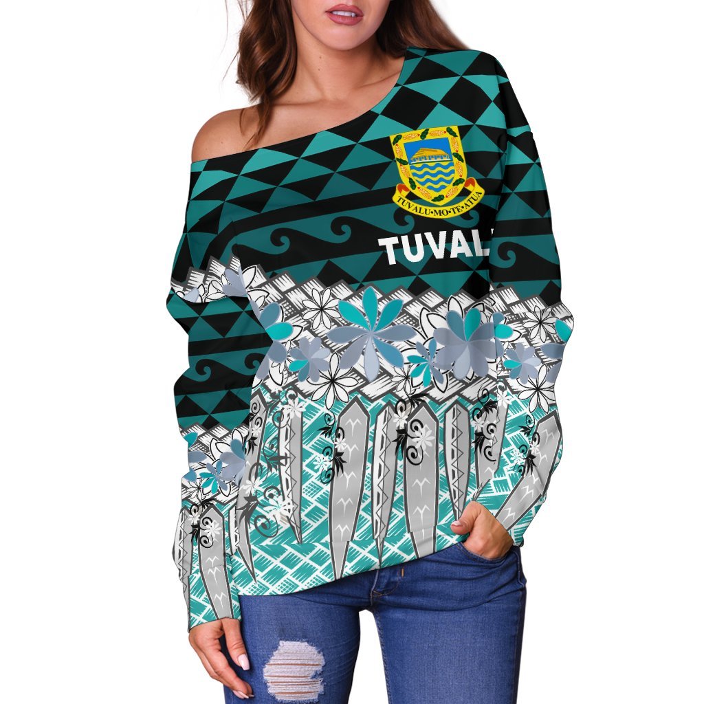 Tuvalu Women's Off Shoulder Sweaters - Coconut Leaves Weave Pattern Blue Blue - Polynesian Pride