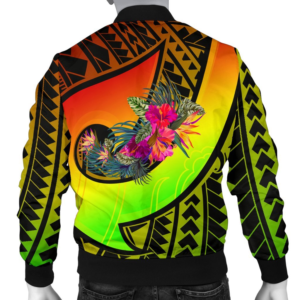 Tahiti Men's Bomber Jacket - Polynesian Hook And Hibiscus (Raggae) - Polynesian Pride