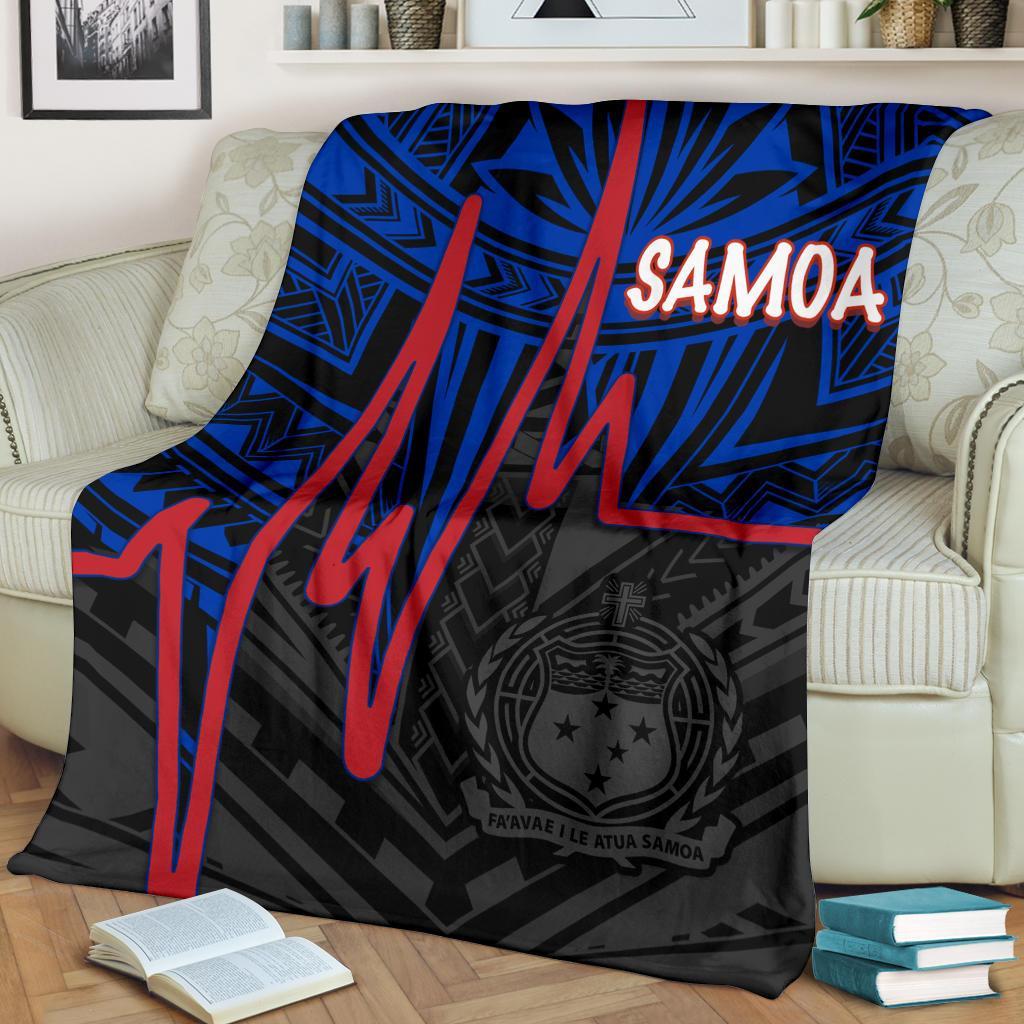 Samoa Premium Blanket - Samoa Seal With Polynesian Patterns In Heartbeat Style (Blue) White - Polynesian Pride