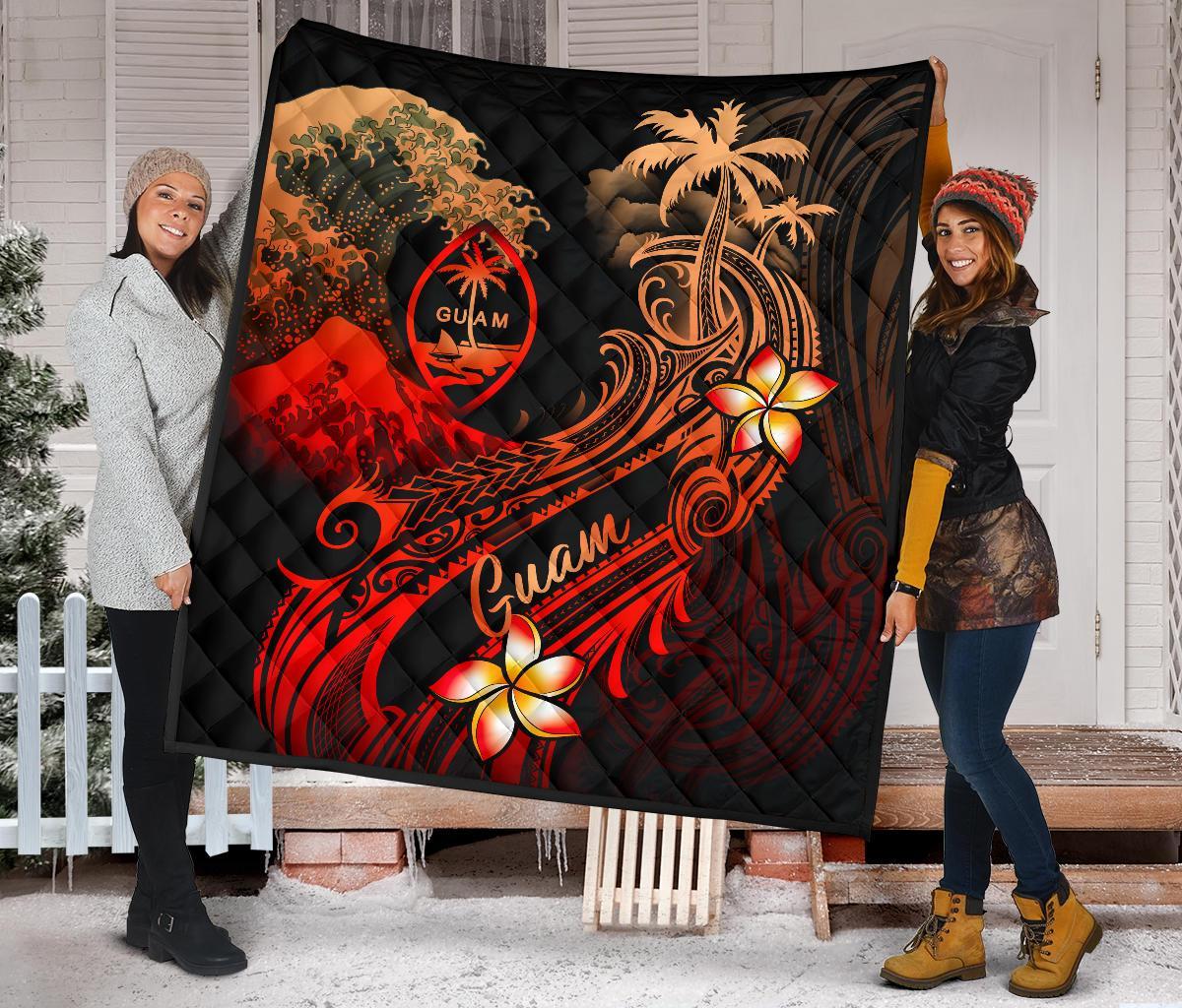 Guam Polynesian Premium Quilt - Plumeria Flowers And Waves - Polynesian Pride