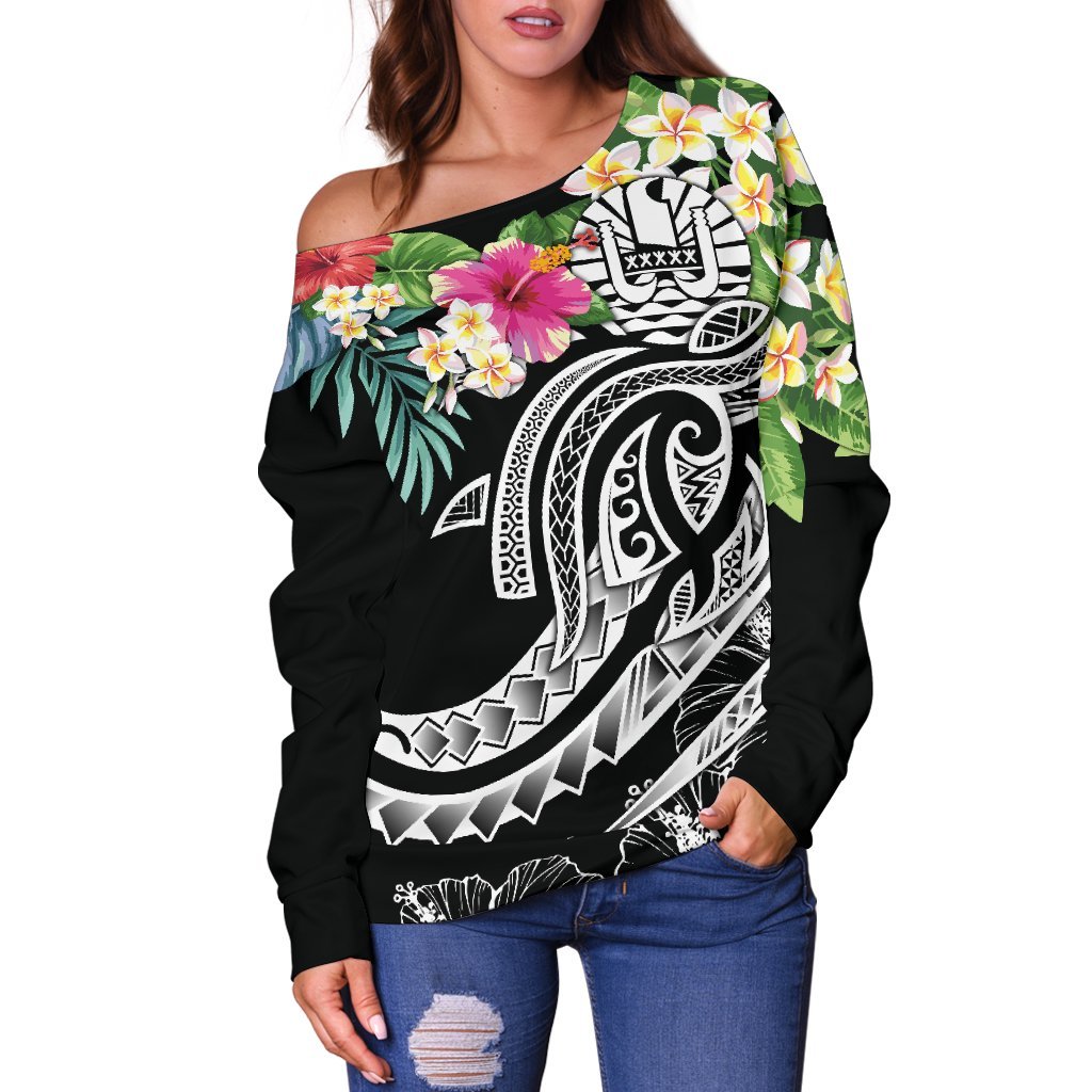 Tahiti Polynesian Women's Off Shoulder Sweater - Summer Plumeria (Black) - Polynesian Pride