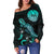 Tahiti Polynesian Women's Off Shoulder Sweater - Turtle With Blooming Hibiscus Turquoise - Polynesian Pride