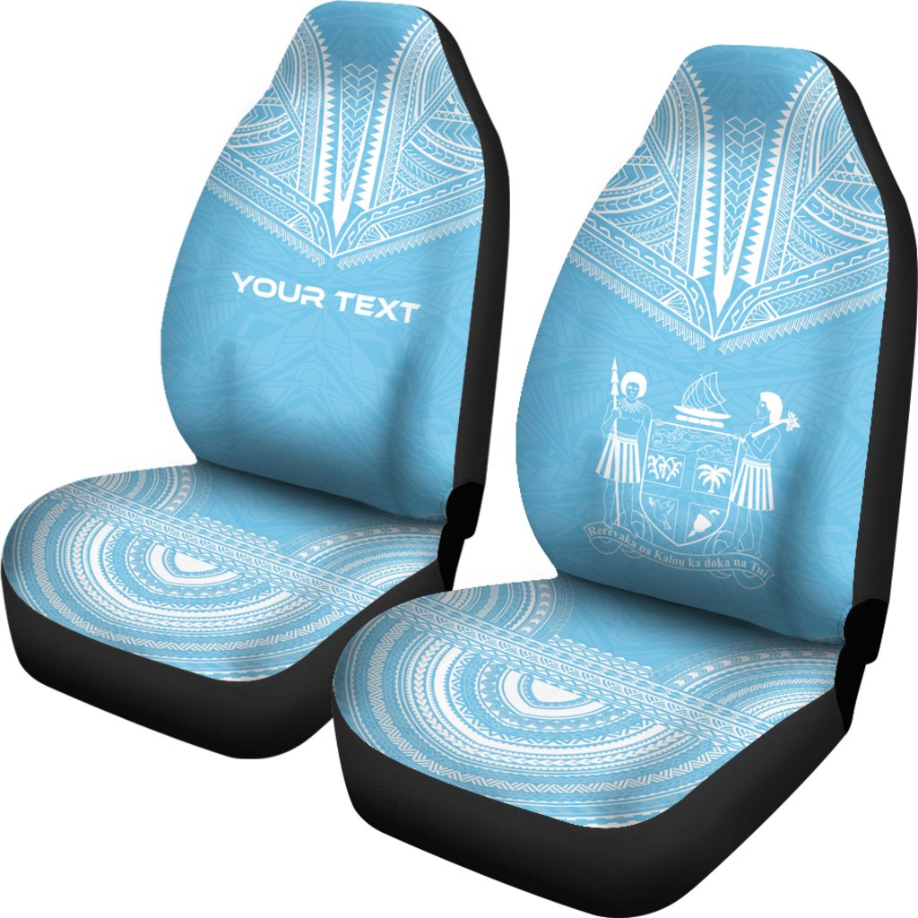 Fiji Custom Personalised Car Seat Cover - Fiji Coat Of Arms Polynesian Chief Tattoo Light Blue Version - Polynesian Pride