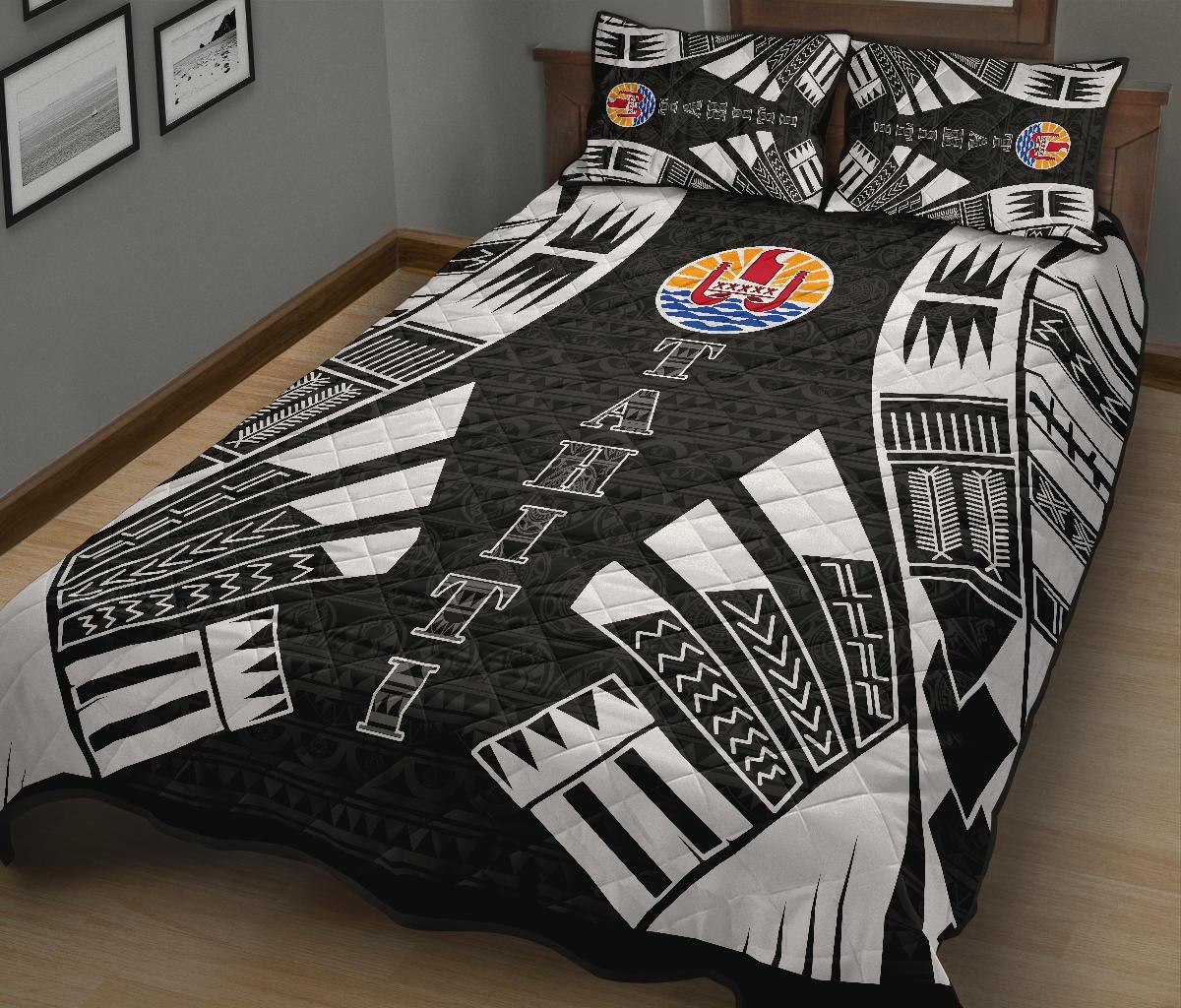Tahiti Polynesian Quilt Bed Set - Tahiti Flag Black Tattoo Flag - Polynesian Pride