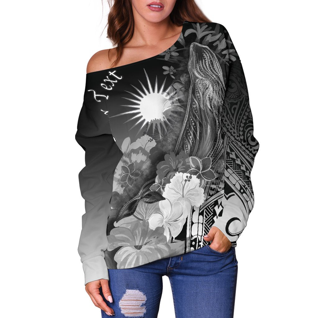 Marshall Islands Custom Personalised Women's Off Shoulder Sweater - Humpback Whale with Tropical Flowers (White) - Polynesian Pride