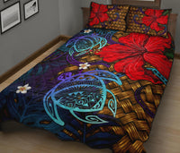 Hawaii Lauhala Hibiscus Polynesian Tropical Blue Quilt Bed Set - Wake Style - AH - Polynesian Pride