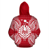 French Polynesia Polynesian ll Over Hoodie Map Red White - Polynesian Pride