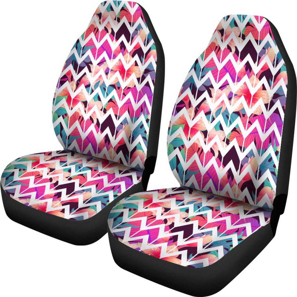 Hawaiian Palm Foliage On Striped Zigzag Car Seat Cover Universal Fit Pink - Polynesian Pride