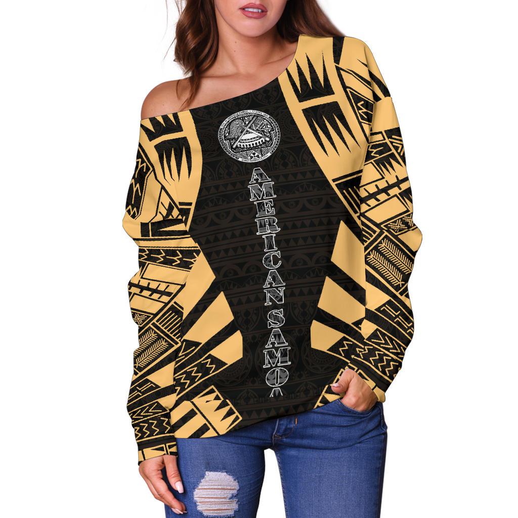 American Samoa Women's Off Shoulder Sweater - Polynesian Tattoo Gold - Polynesian Pride
