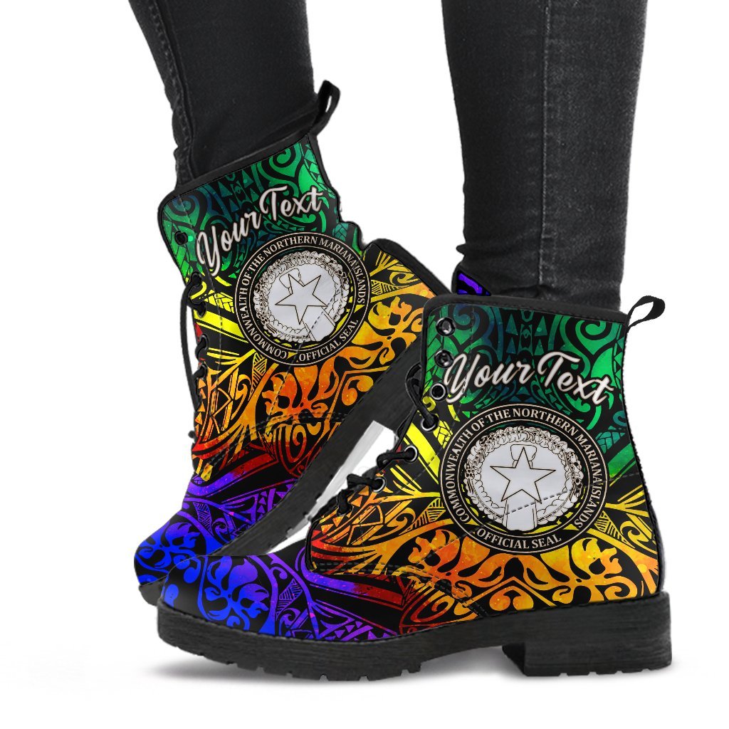 Northern Mariana Islands Custom Personalised Leather Boots - Rainbow Polynesian Pattern - Polynesian Pride