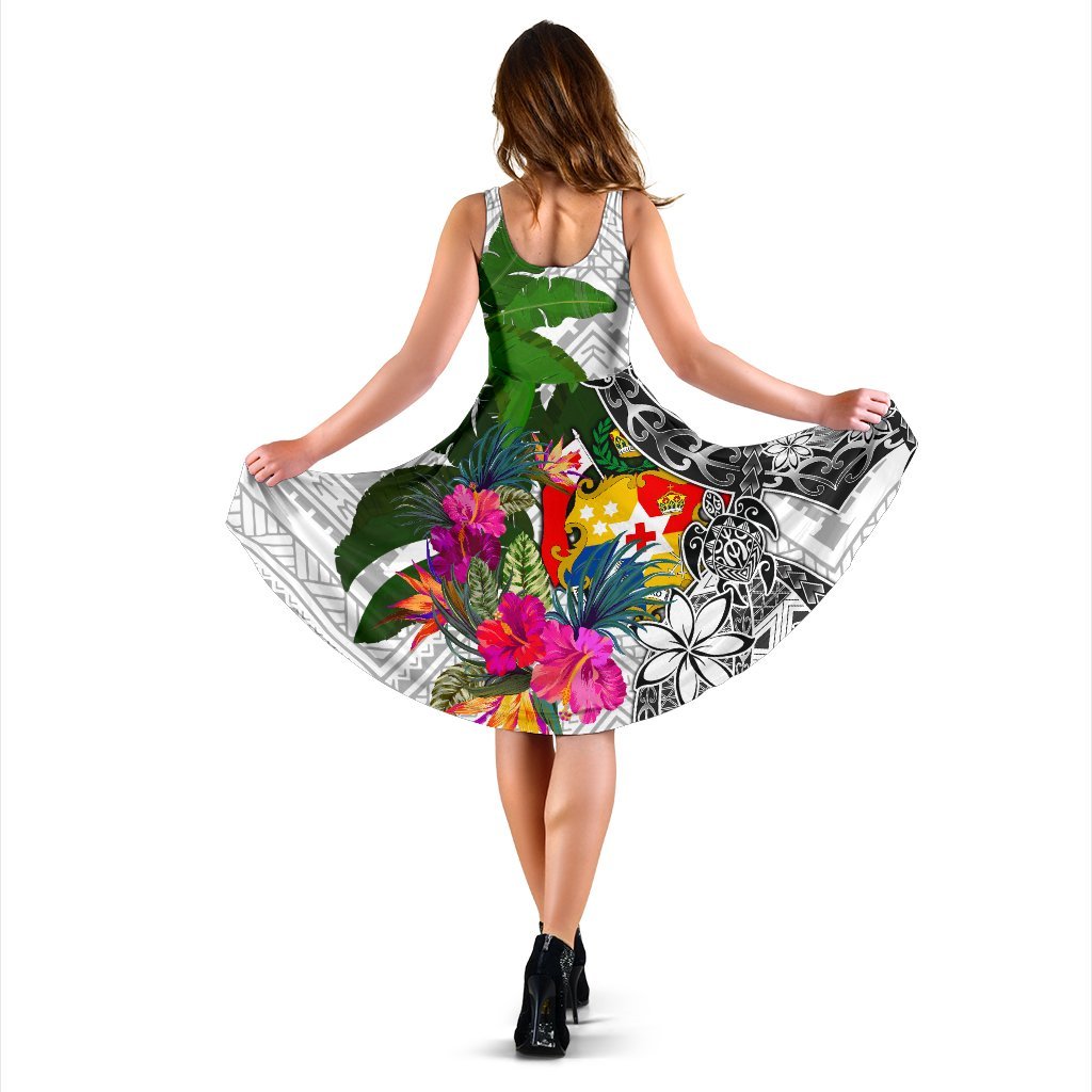 Tonga Midi Dress White - Turtle Plumeria Banana Leaf - Polynesian Pride