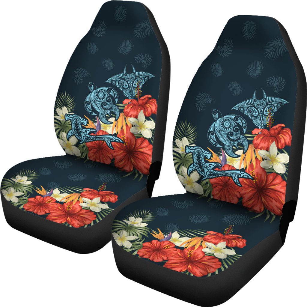 Hawaii Turtle Shark Manta Ray Hibiscus Plumeria Car Set Cover Universal Fit Blue - Polynesian Pride