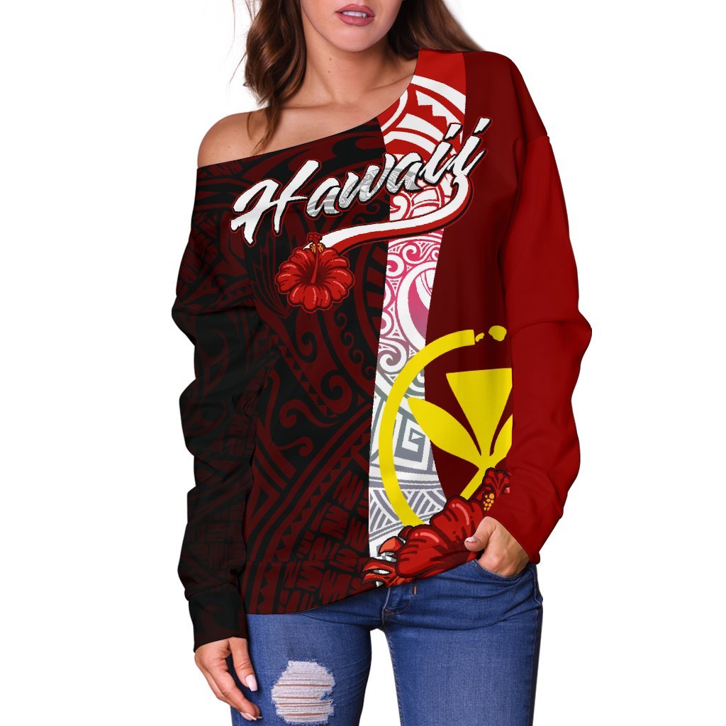 Hawaii Polynesian Women's Off Shoulder Sweater - Coat Of Arm With Hibiscus - Polynesian Pride
