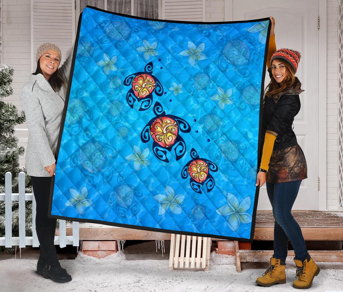 Hawaii Plumeria Turtle In The Ocean Premium Quilt - AH - John Style - Polynesian Pride