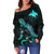 Papua New Guinea Polynesian Women's Off Shoulder Sweater - Turtle With Blooming Hibiscus Turquoise - Polynesian Pride