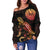 Tahiti Polynesian Women's Off Shoulder Sweater - Turtle With Blooming Hibiscus Gold - Polynesian Pride