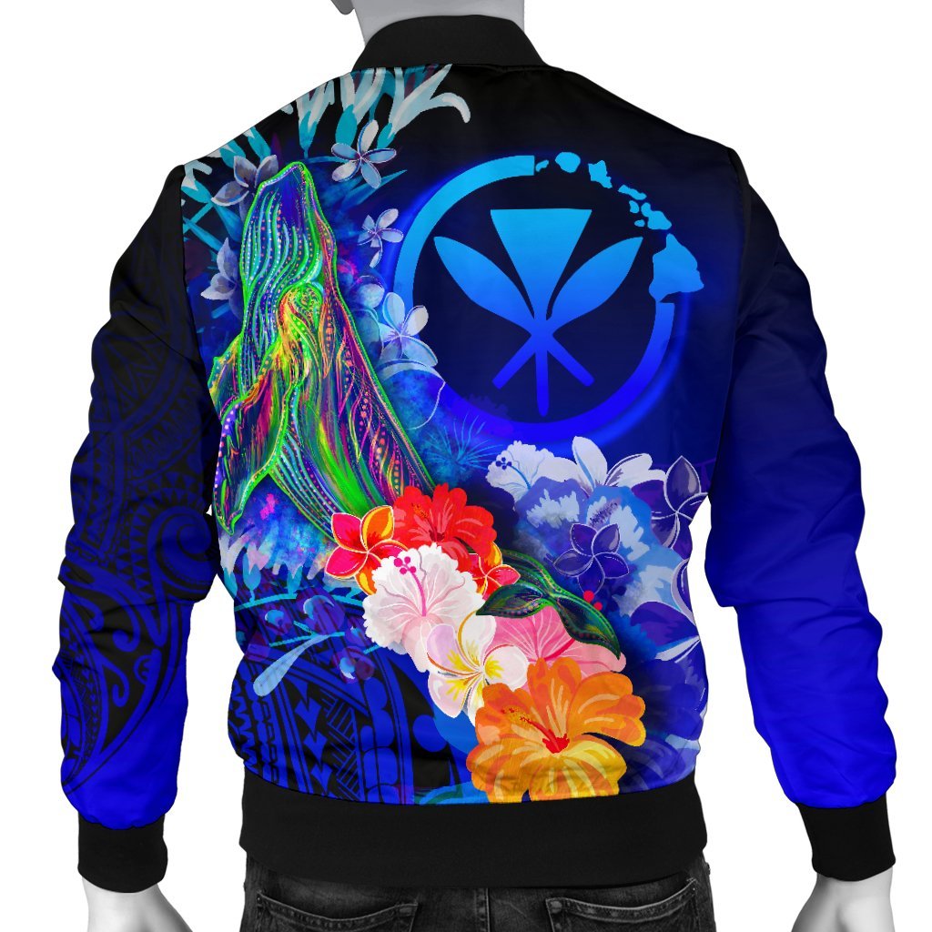 Polynesian Hawaii Men's Bomber Jacket - Kanaka Maoli Humpback Whale with Tropical Flowers (Blue) - Polynesian Pride