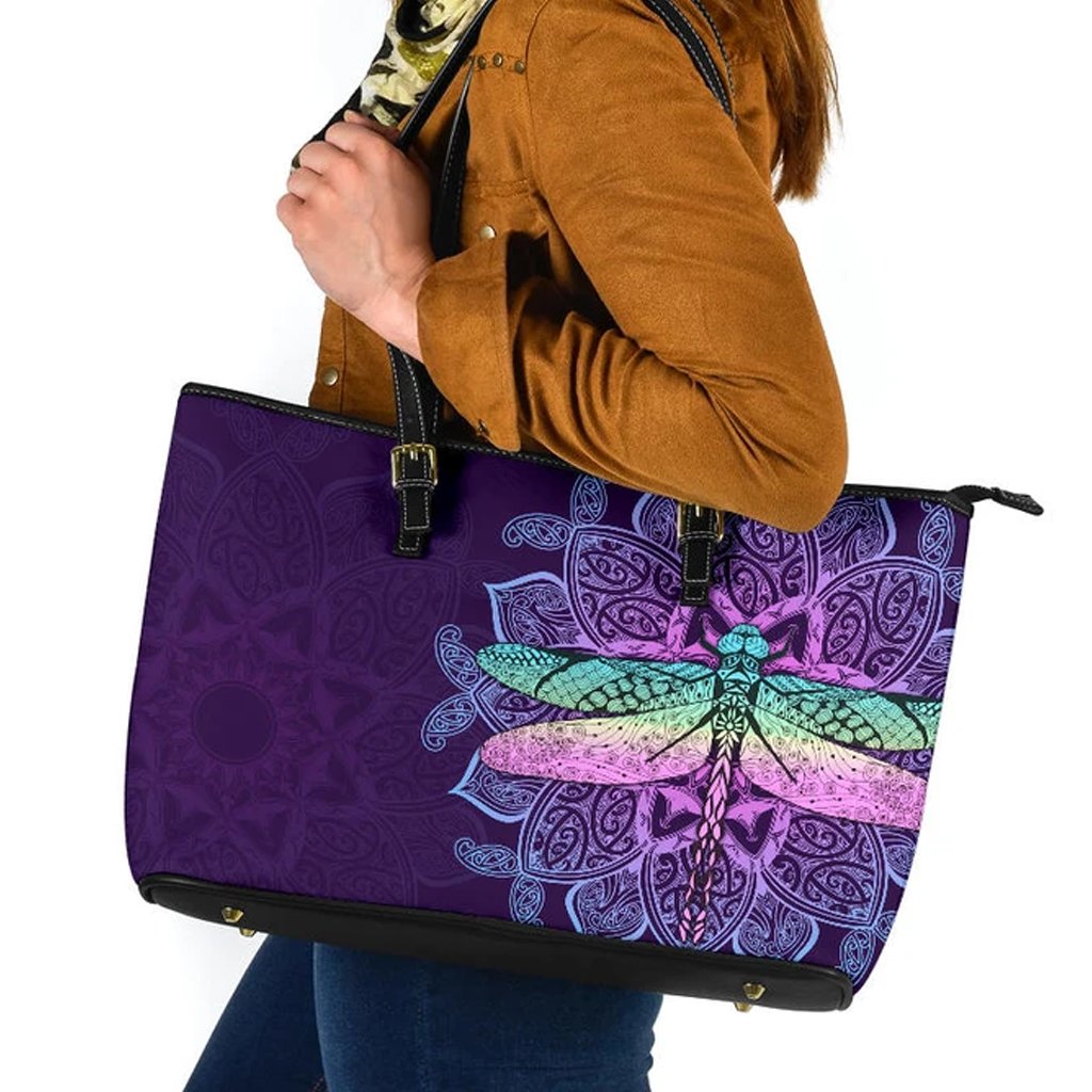 Maori Mandala Dragonfly Leather Tote Bag Purple - Polynesian Pride