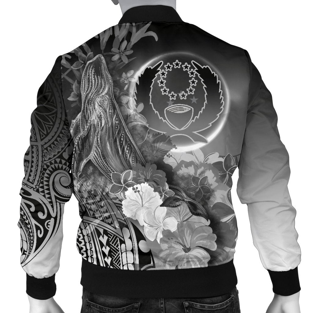 Pohnpei Custom Personalised Men's Bomber Jacket - Humpback Whale with Tropical Flowers (White) - Polynesian Pride