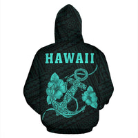 Polynesian Kakau Anchor Hibiscus Hawaii Zip Hoodie Turquoise - Polynesian Pride