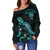 Niue Polynesian Women's Off Shoulder Sweater - Turtle With Blooming Hibiscus Turquoise - Polynesian Pride