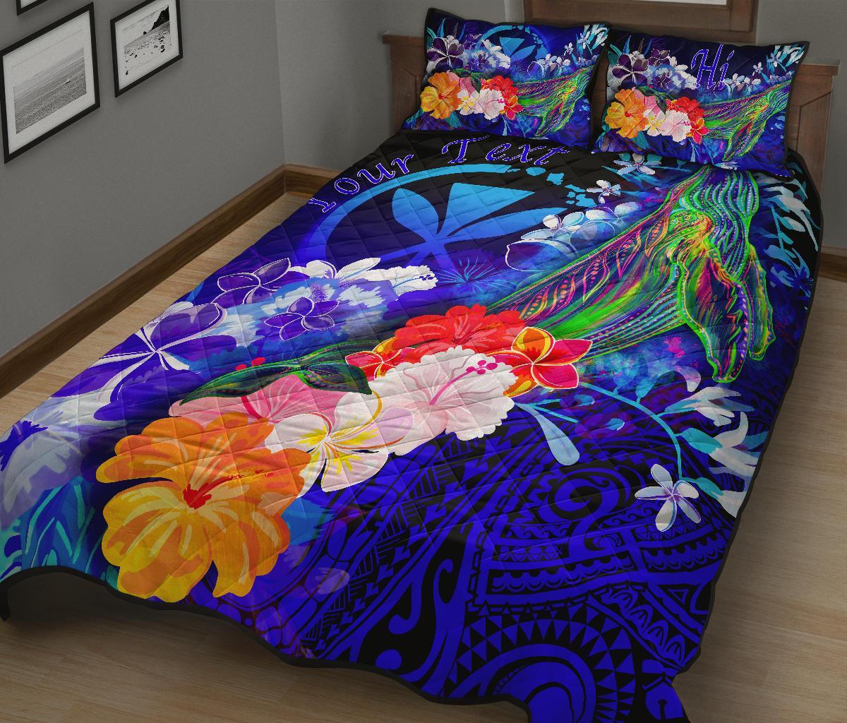 Polynesian Hawaii Custom Personalised Premium Quilt Bed Set - Kanaka Maoli Humpback Whale with Tropical Flowers (Blue) - Polynesian Pride
