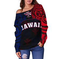 Hawaiian Kanaka Women's Off Shoulder Sweater Flag Nation Black Demodern AH - Polynesian Pride