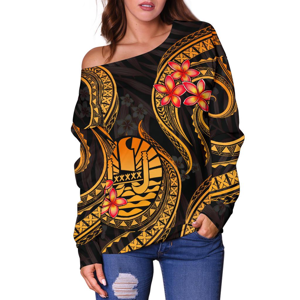 Tahiti Polynesian Off Shoulder Sweater - Gold Plumeria - Polynesian Pride