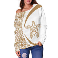 Hawaii Turtle Polynesian Women's Off Shoulder Sweater - Circle Style - AH - Golden 02 - Polynesian Pride
