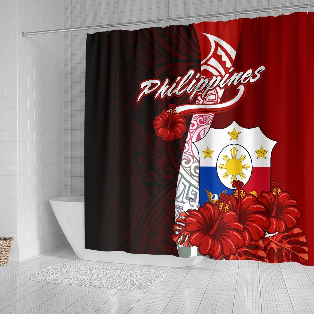 Philippines Polynesian Shower Curtain - Coat Of Arm With Hibiscus - Polynesian Pride
