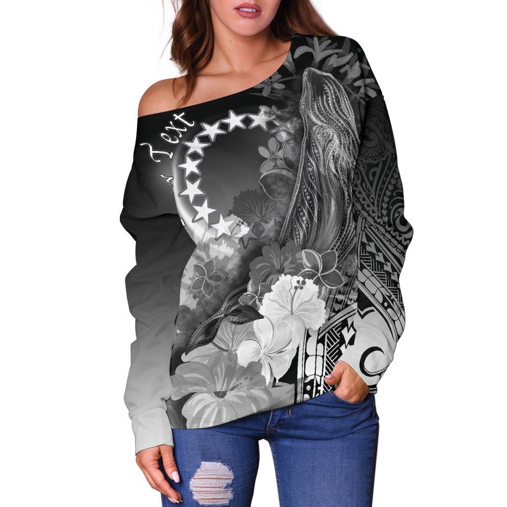 Cook Islands Custom Personalised Women's Off Shoulder Sweater - Humpback Whale with Tropical Flowers (White) White - Polynesian Pride