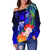 Tonga Women's Off Shoulder Sweater - Humpback Whale with Tropical Flowers (Blue) - Polynesian Pride