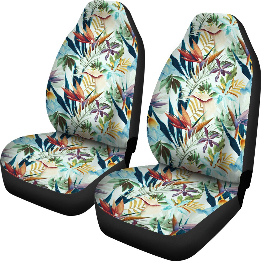 Hawaiian Tropical Flower, Plant And Leaf Pattern Car Seat Cover Universal Fit White - Polynesian Pride