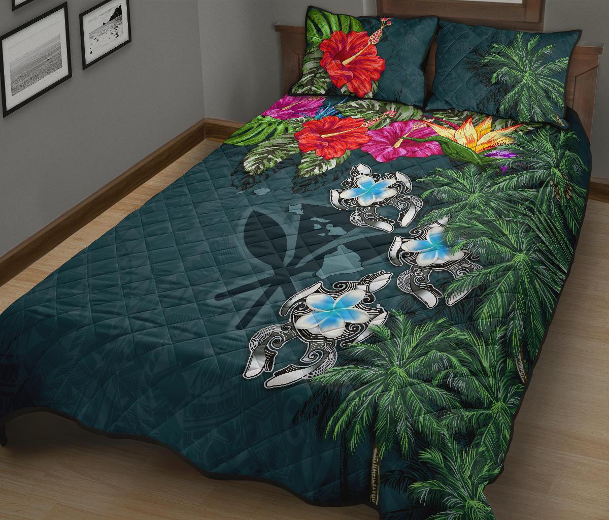 Kanaka Maoli (Hawaiian) Quilt Bed Set - Hibiscus Turtle Tattoo Blue - Polynesian Pride