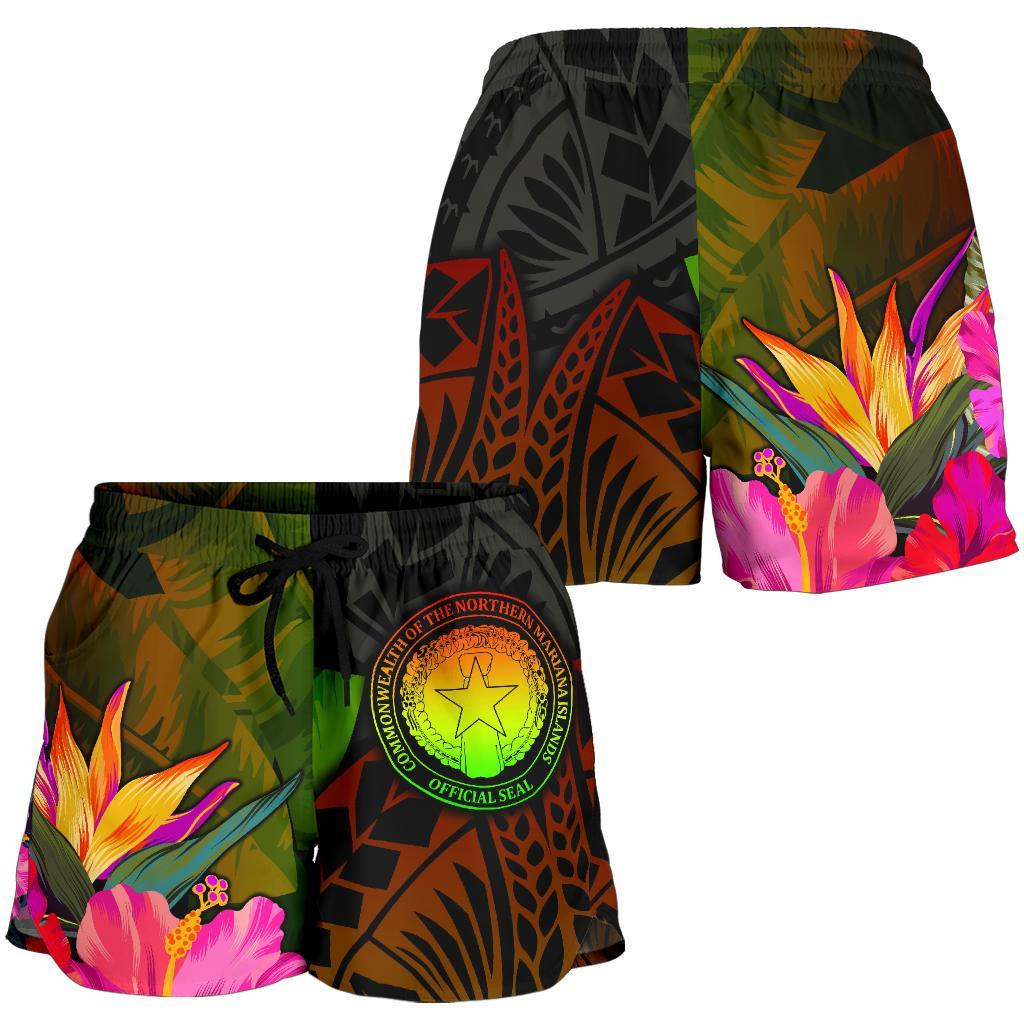 Northern Mariana Islands Polynesian Women's Shorts - Hibiscus and Banana Leaves - Polynesian Pride