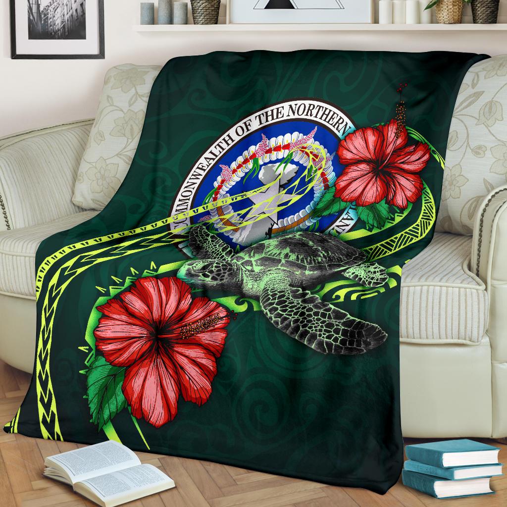 Northern Mariana Islands Polynesian Premium Blanket - Green Turtle Hibiscus - Polynesian Pride