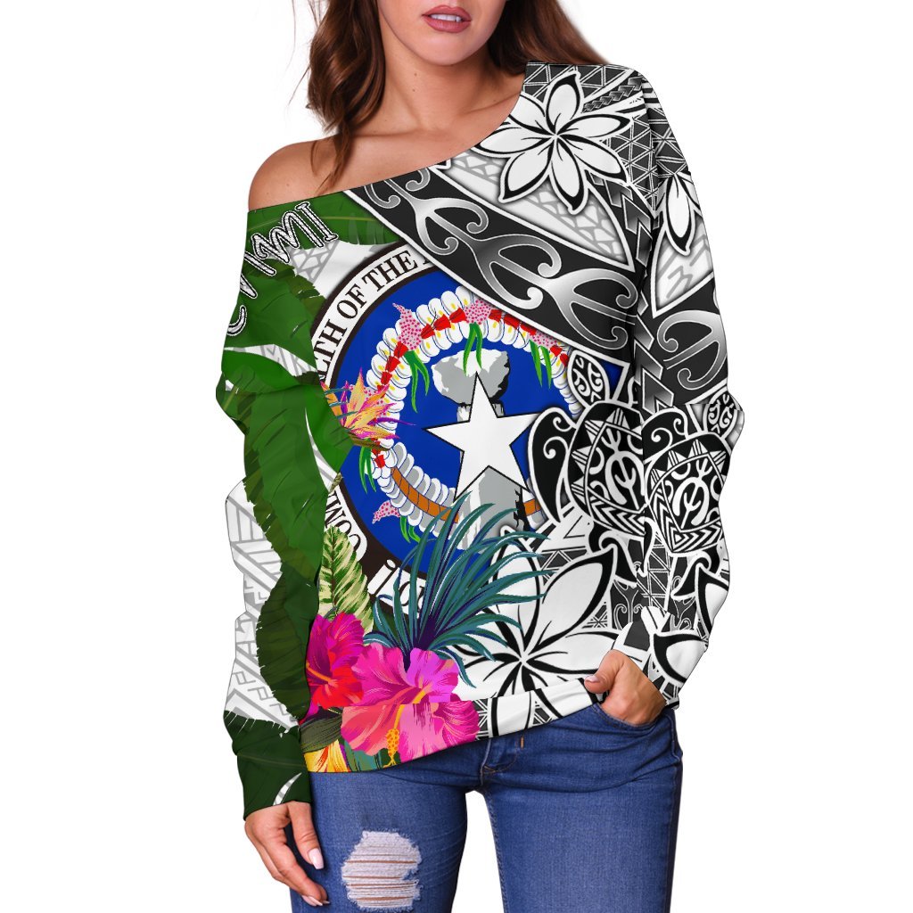 Northern Mariana Islands Women's Off Shoulder Sweater White - Turtle Plumeria Banana Leaf - Polynesian Pride