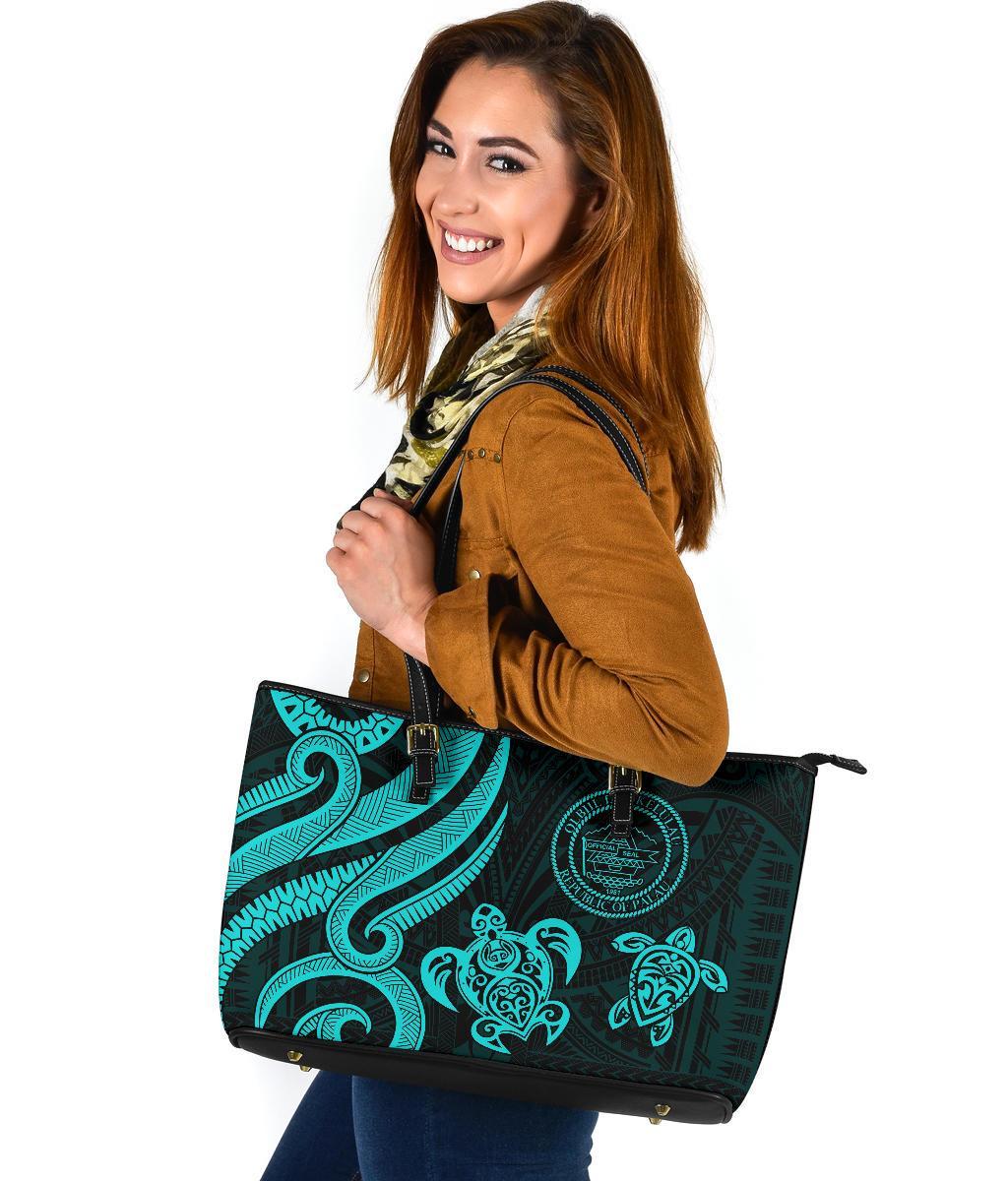 Palau Large Leather Tote - Turquoise Tentacle Turtle - Polynesian Pride