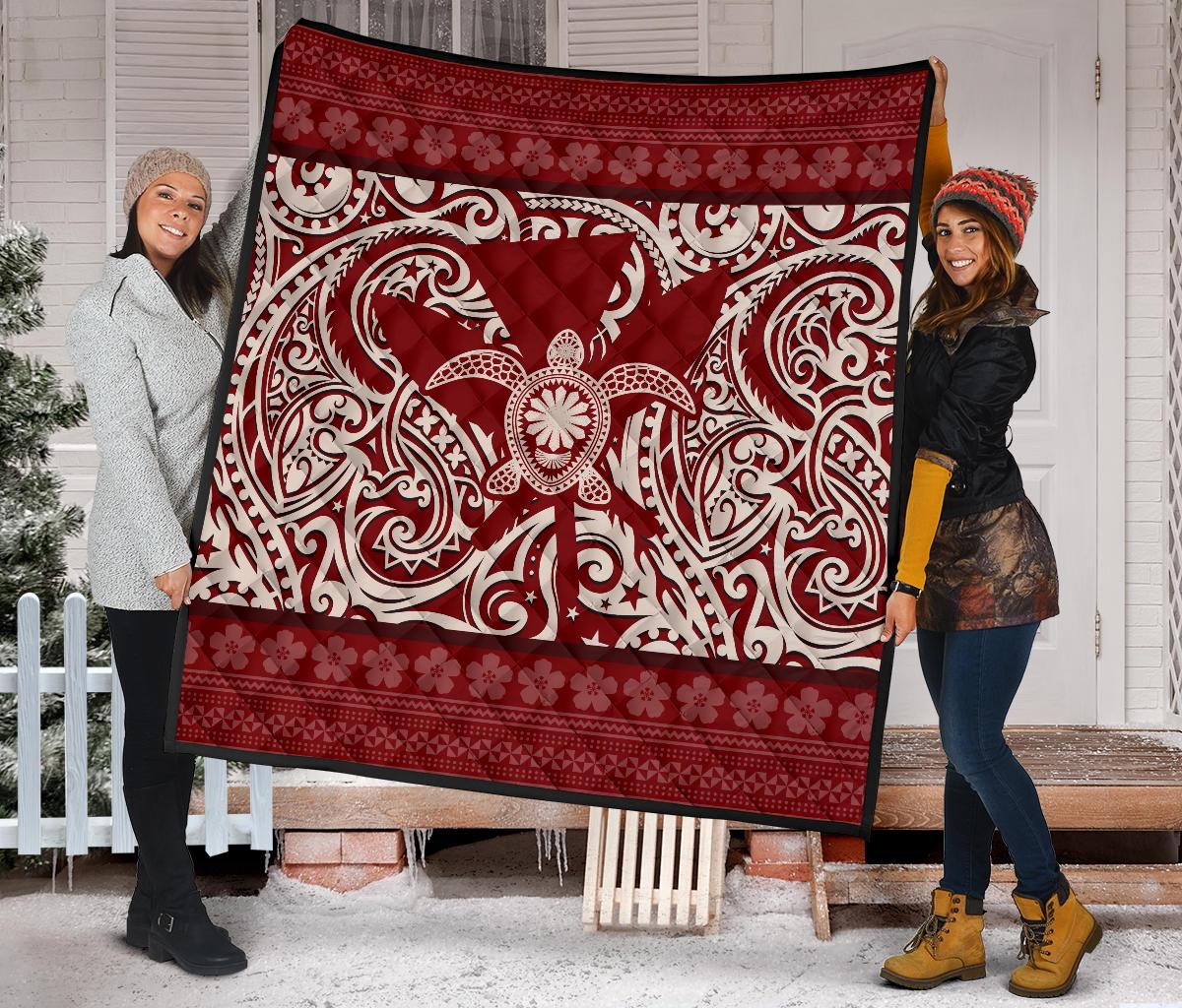 Hawaii Luxury Premium Quilt Red - Kanaka Maoli Turtle Polynesian Tattoo Pattern - Polynesian Pride